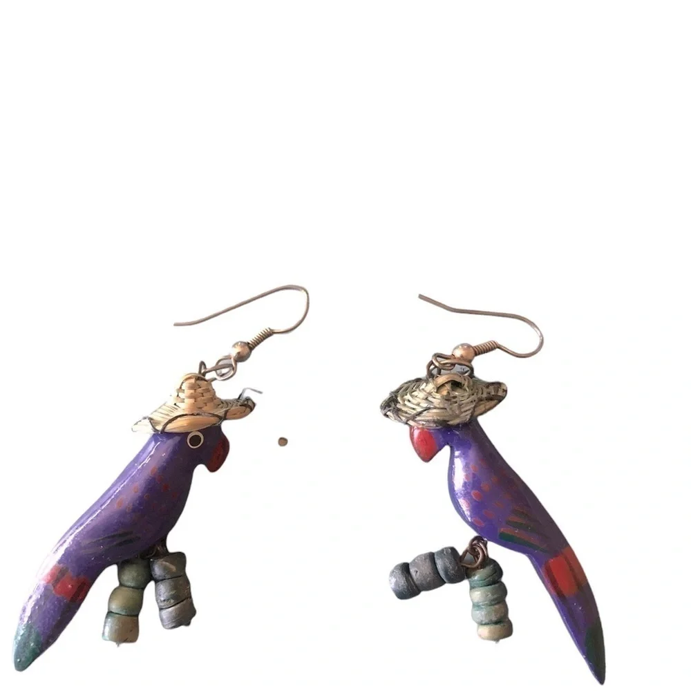 Parrot wood hand carved earrings novelty dopamine whimsy resortwear vacation